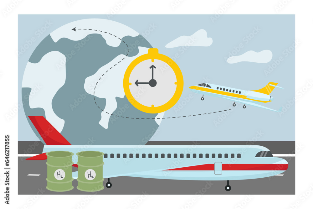 Airplane with barrels of hydrogen as fuel vector illustration. Cartoon drawing of globe and passenge