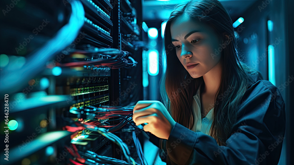 a female network engineer connecting cables in server cabinet while working with supercomputer in da