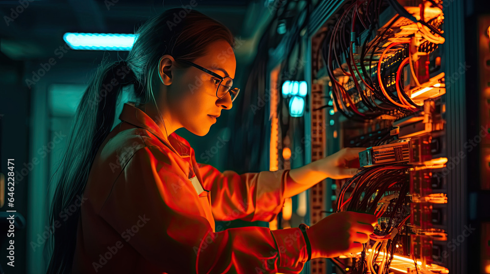 a female network engineer connecting cables in server cabinet while working with supercomputer in da