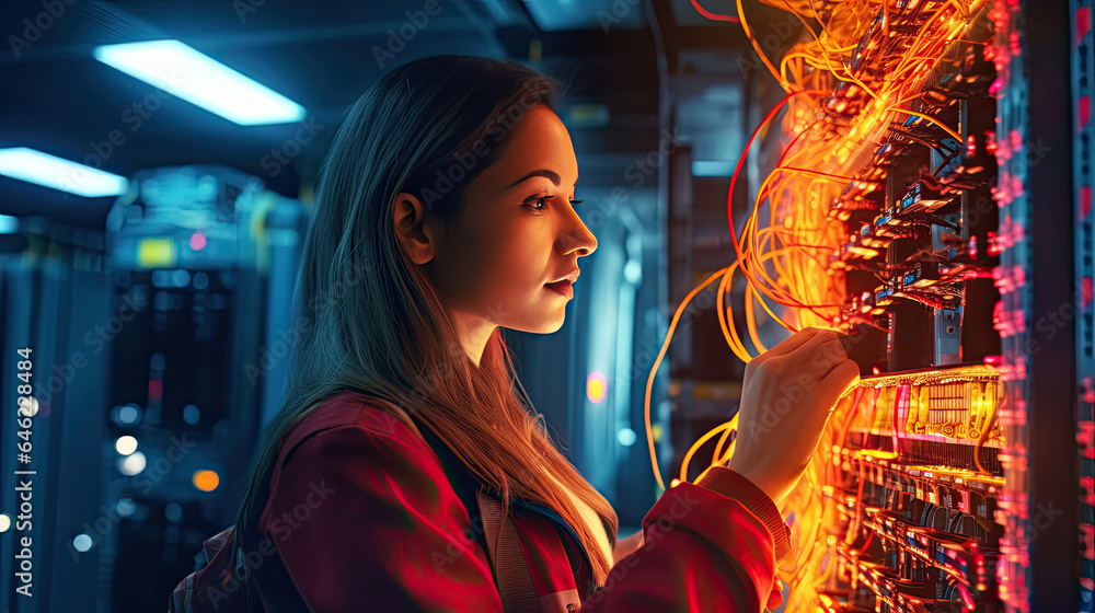 a female network engineer connecting cables in server cabinet while working with supercomputer in da