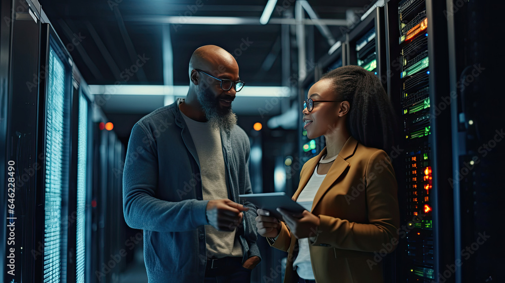 A Male IT Specialist Holds Laptop and Discusses Work with Female Server Technician. Theyre Standing