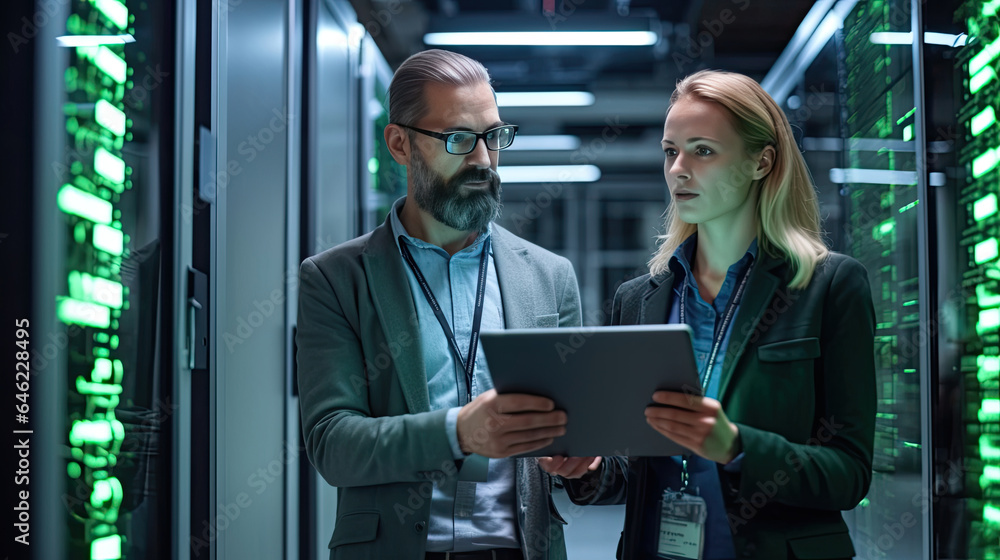 A Male IT Specialist Holds Laptop and Discusses Work with Female Server Technician. Theyre Standing