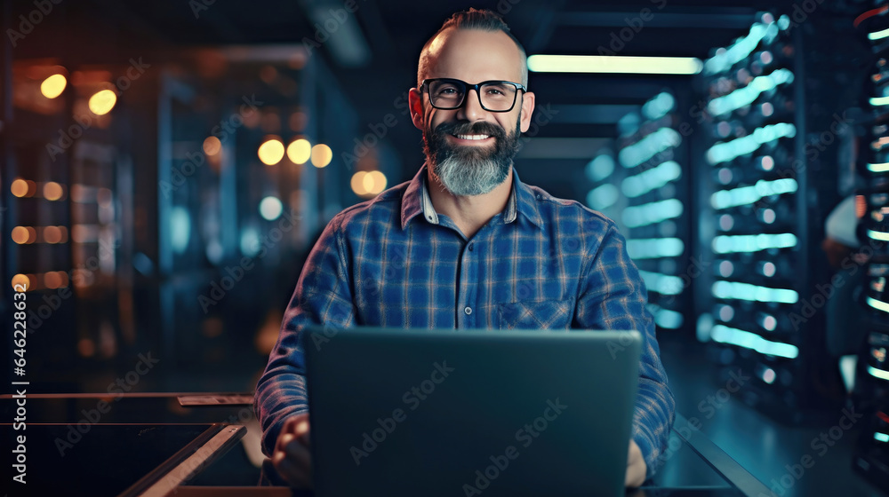 IT Engineer Works on a Laptop Computer. He Look at the Camera with Smile. Data Protection Engineerin