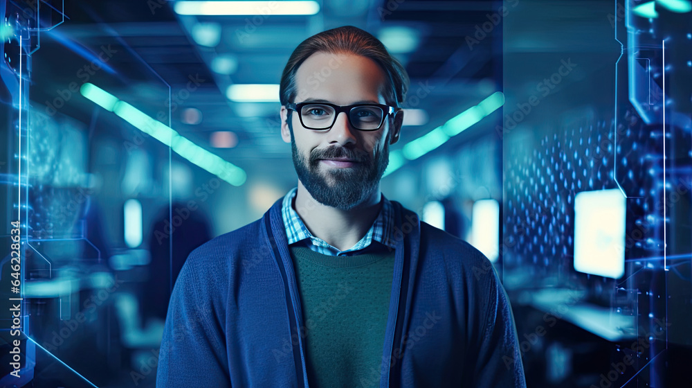 IT Engineer Works on a Laptop Computer. He Look at the Camera with Smile. Data Protection Engineerin