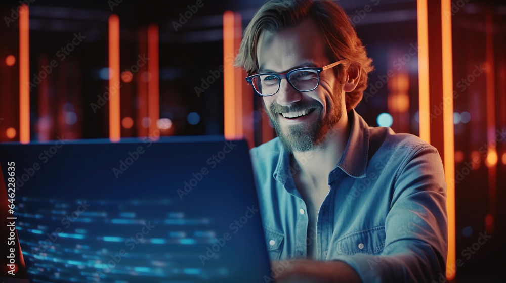 IT Engineer Works on a Laptop Computer. He Look at the Camera with Smile. Data Protection Engineerin