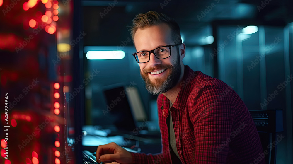 IT Engineer Works on a Laptop Computer. He Look at the Camera with Smile. Data Protection Engineerin