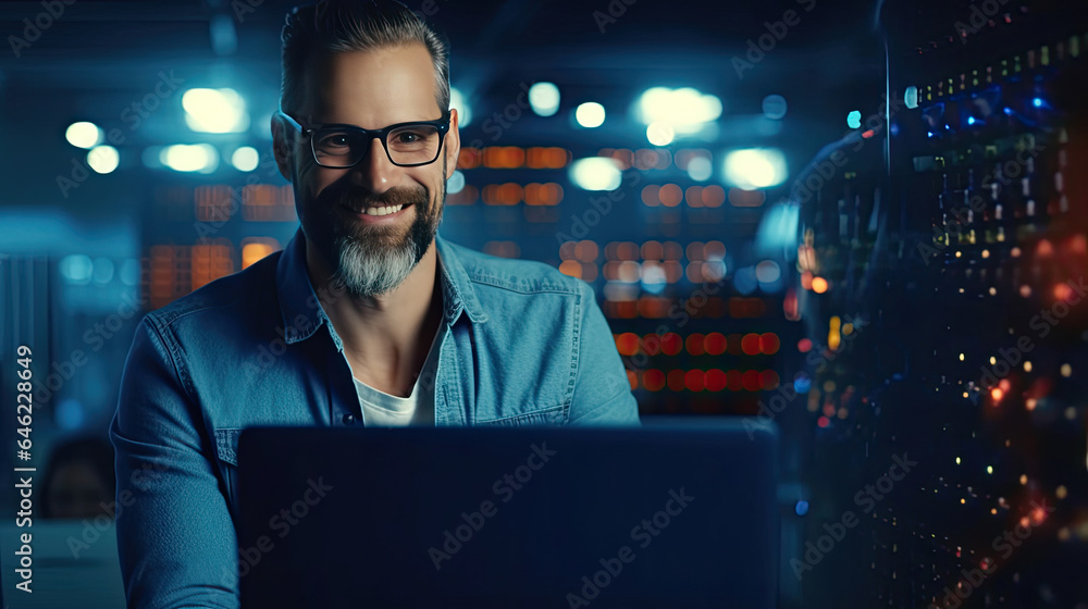 IT Engineer Works on a Laptop Computer. He Look at the Camera with Smile. Data Protection Engineerin