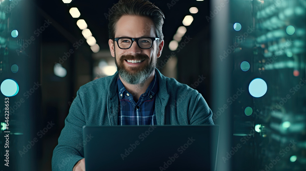 IT Engineer Works on a Laptop Computer. He Look at the Camera with Smile. Data Protection Engineerin