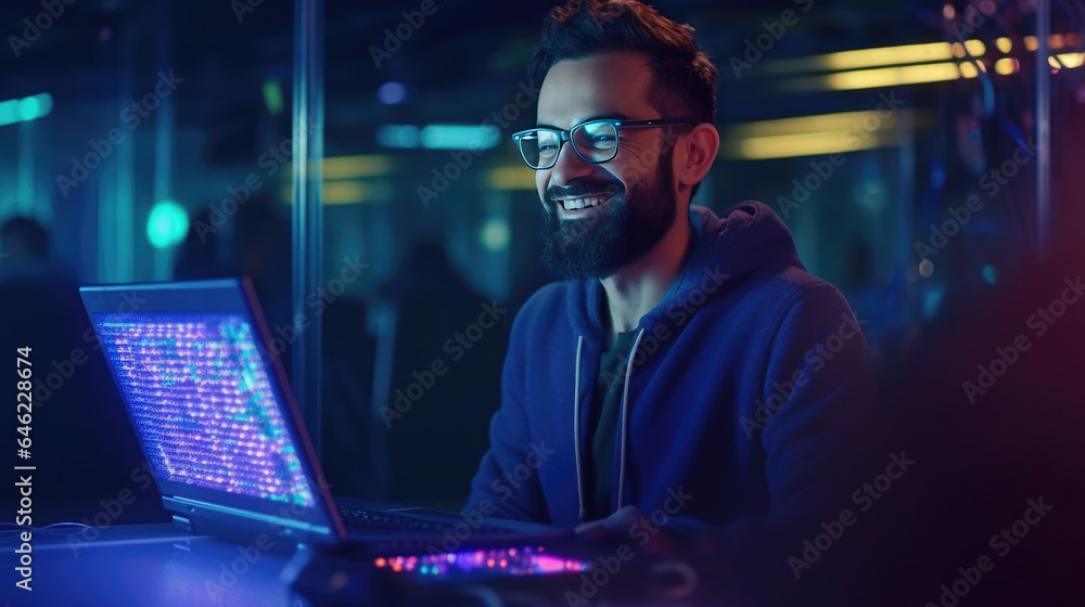 IT Engineer Works on a Laptop Computer. He Look at the Camera with Smile. Data Protection Engineerin