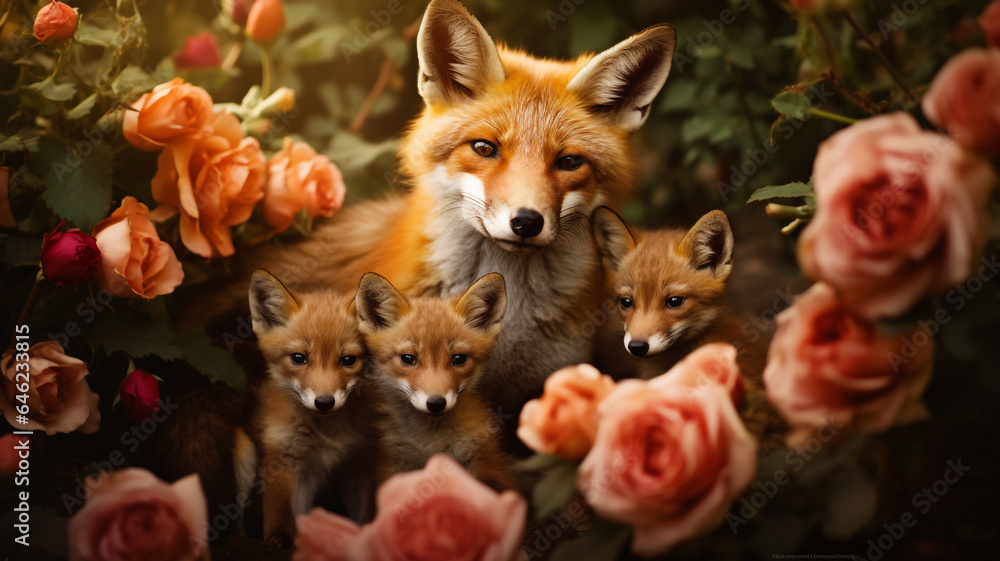 Mother fox with her cubs surrounded by flowers