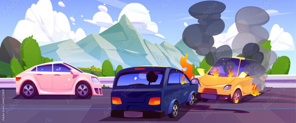 Car crash accident on mountain road traffic vector. Auto crush damage incident on highway comic conc