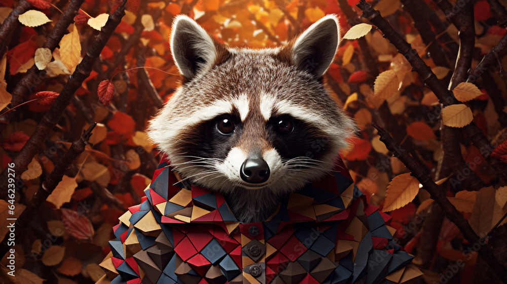 Fantasy Raccoon in a beautiful autumn garden