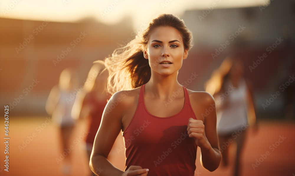 Young woman running during sunny morning on stadium track