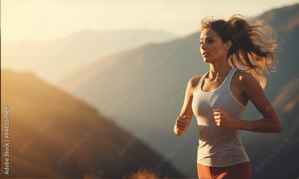 Beautiful woman running trail outdoor workout on view of mountian. living healthy lifestyle enjoying