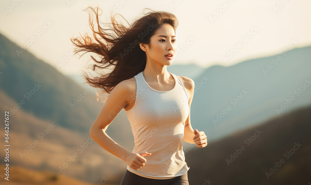 Beautiful asian woman running trail outdoor workout on view of mountian. living healthy lifestyle en