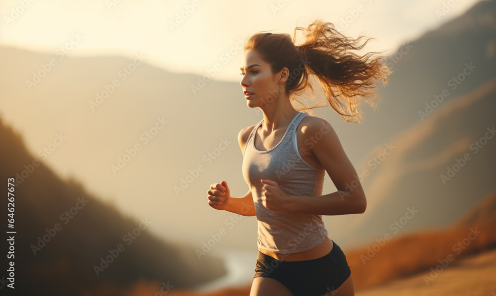 Beautiful woman running trail outdoor workout on view of mountian. living healthy lifestyle enjoying