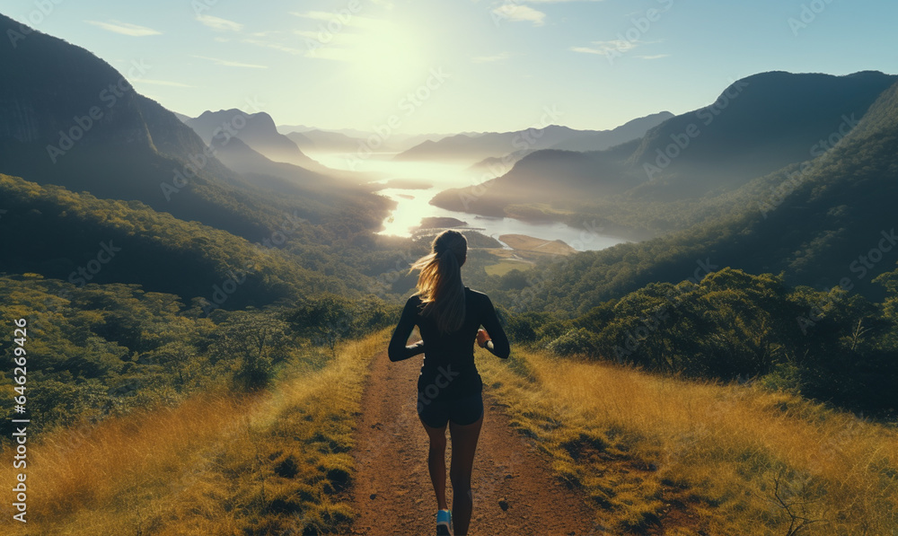 Back of woman running trail outdoor workout on view of mountian. living healthy lifestyle and enjoyi