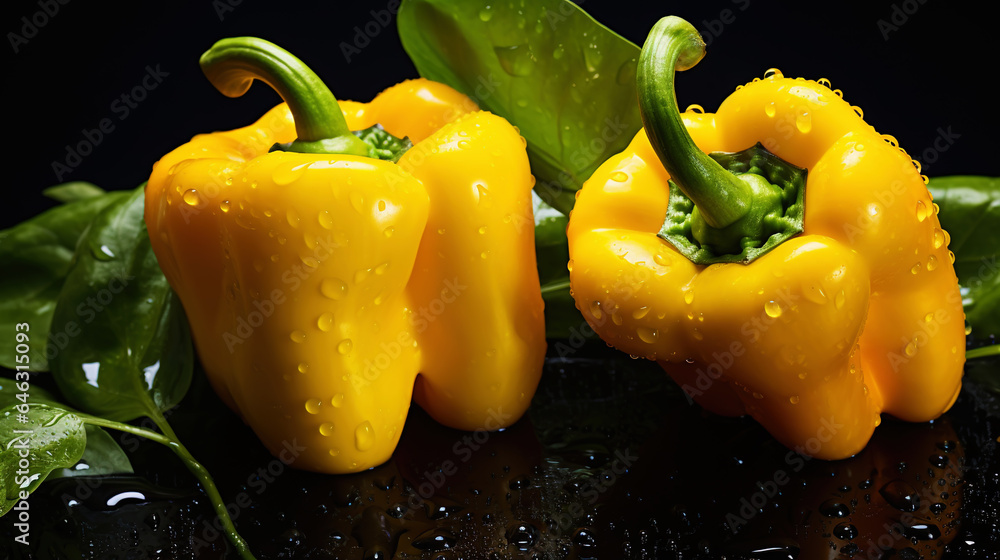 Fresh yellow bell peppers with water drops background. Vegetables backdrop. Generative AI