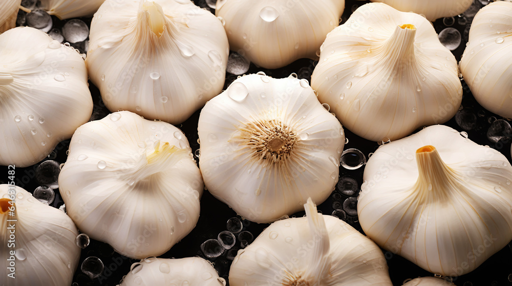 Fresh garlic with water drops background. Vegetables backdrop. Generative AI