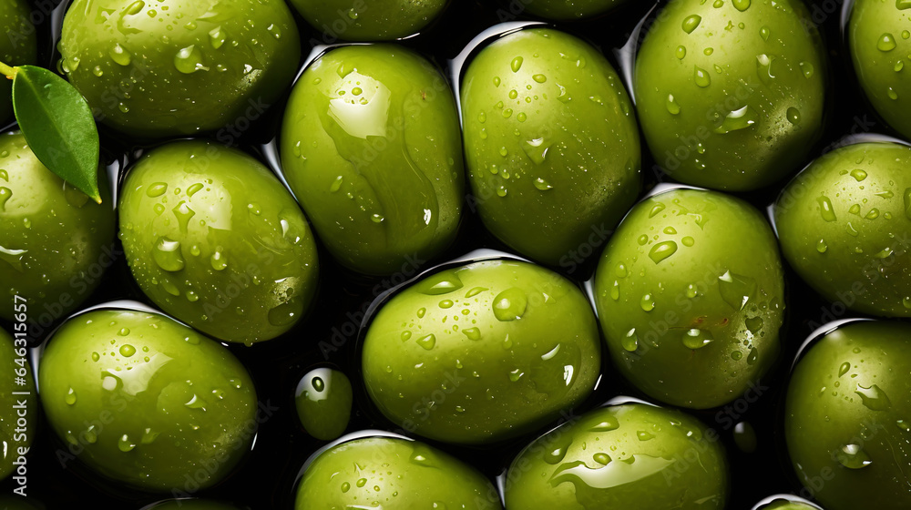 Fresh green olives with water drops background. Vegetables backdrop. Generative AI