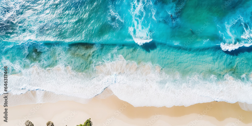 Aerial top view on sand ocean beach with palm trees. Summer vacation paradise concept. Generative AI