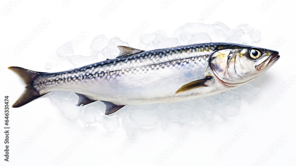 Fresh mackerel fish (Scomber scrombrus) on ice. Seafood background. Generative AI