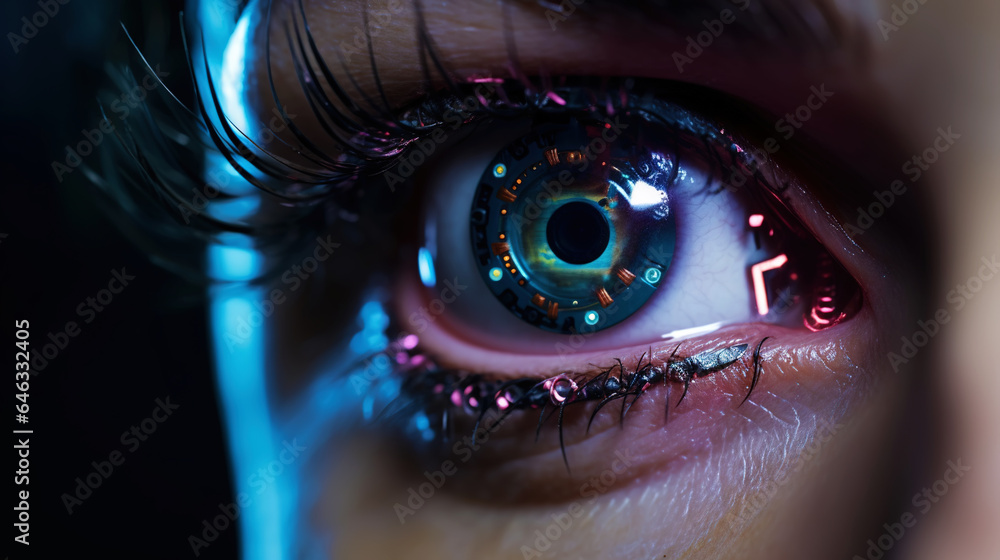 Female android robot eye close up. Digital iris of cyber woman. Bionic technology concept. Generativ