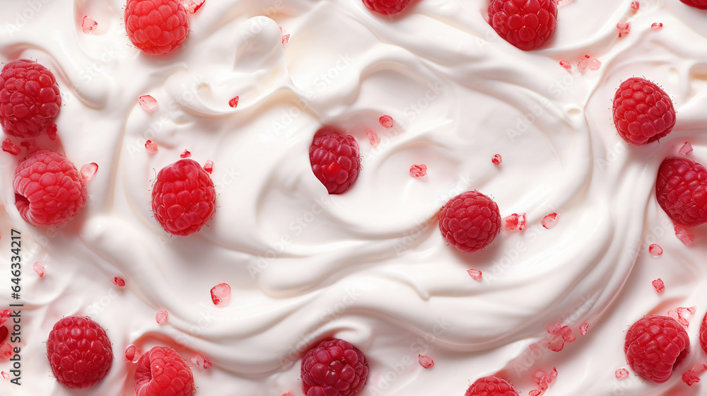 Yogurt and fresh raspberries, background. Top view. Generative AI