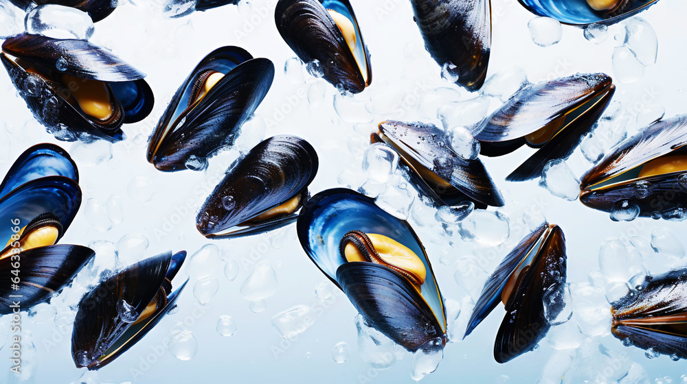 Raw Mussels on ice in the restaurant . Fresh seafood shellfish background. Generative AI