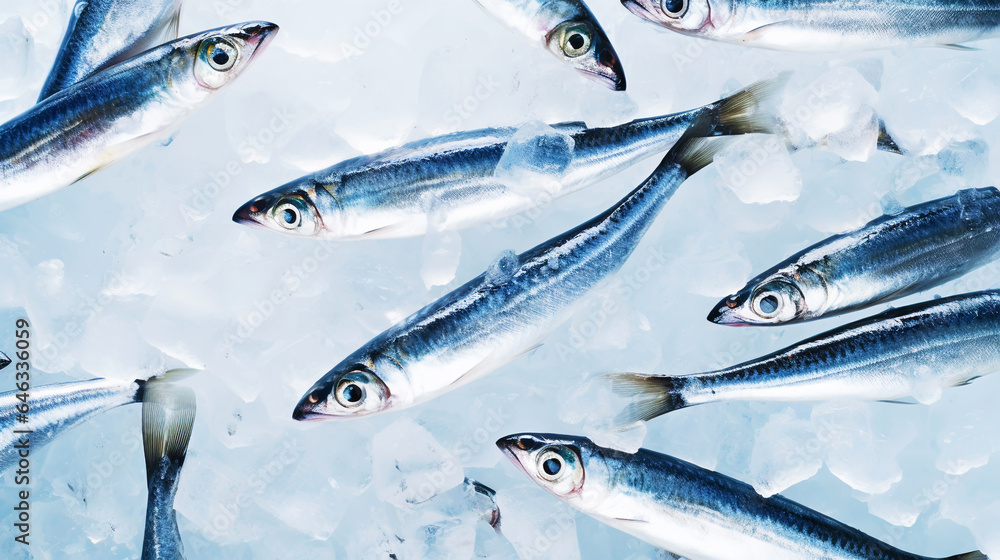  Fresh sardines on ice. Seafood background. Generative AI