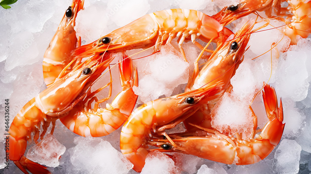 Top view of raw whole king prawns on ice. Seafood background. Generative AI