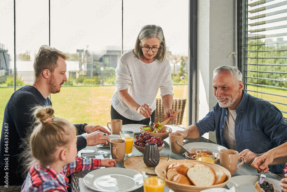 Happy extended family talking while having lunch together in dining room