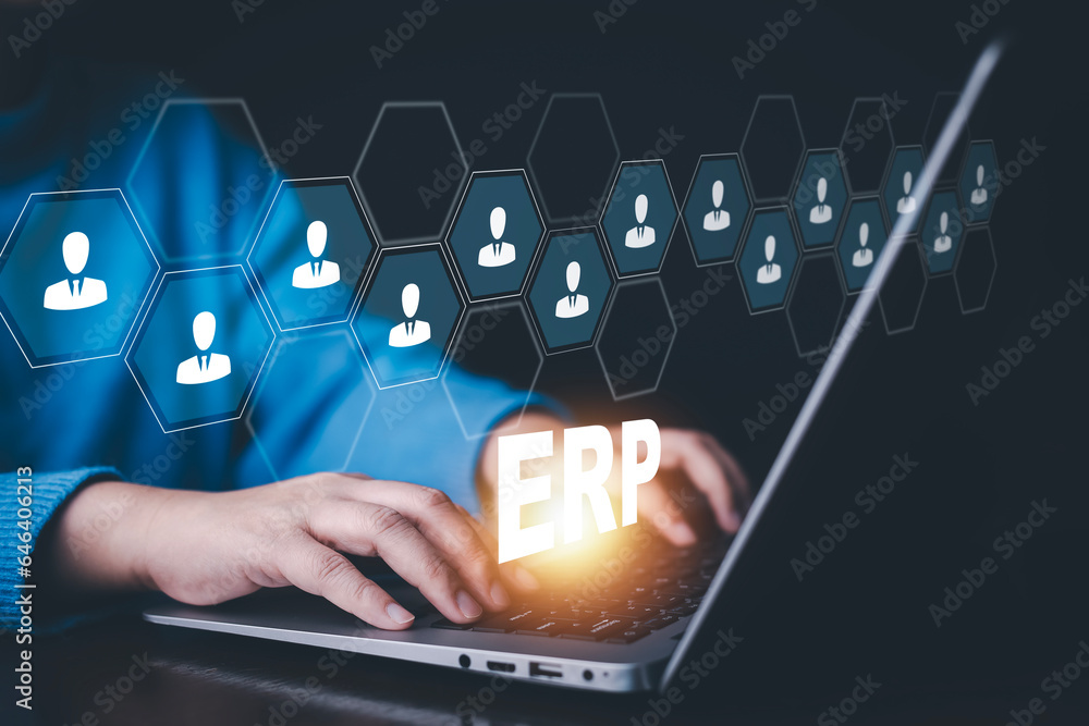 Business people using a laptop with document management for ERP. Enterprise resource planning concep