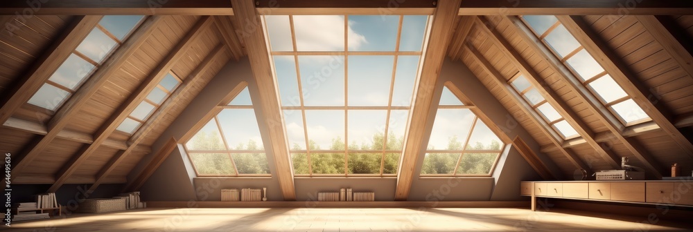 Attic inside a building portrayed in modern house.