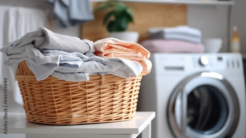 Modern bathroom with washing machine at home, Basket with dirty laundry.