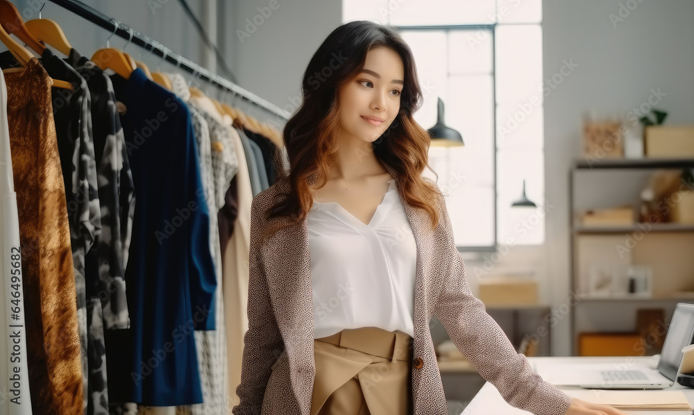 Beautiful Asian young woman in office of fashion designer.