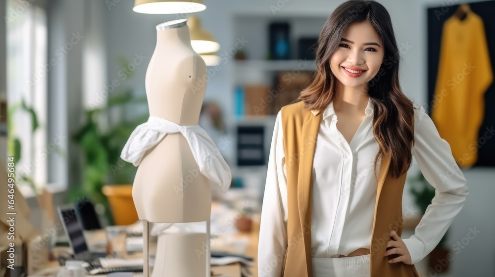 Beautiful Asian young woman in office of fashion designer.