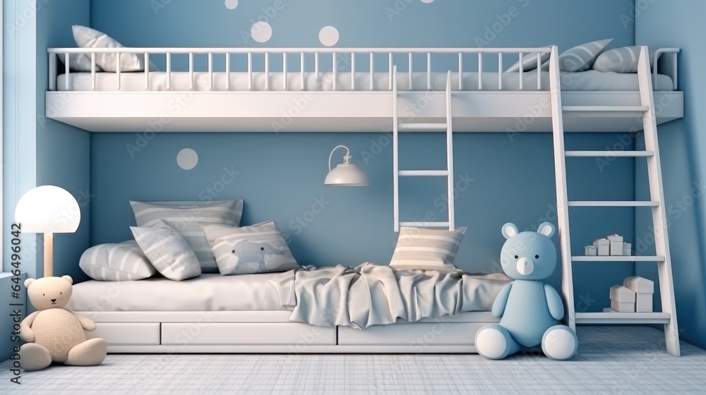 Children room with built-in bunk bed in blue pastel color background.