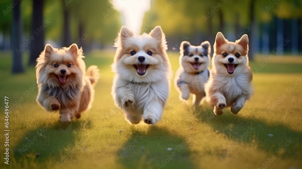 Cute dogs group running and playing in park.