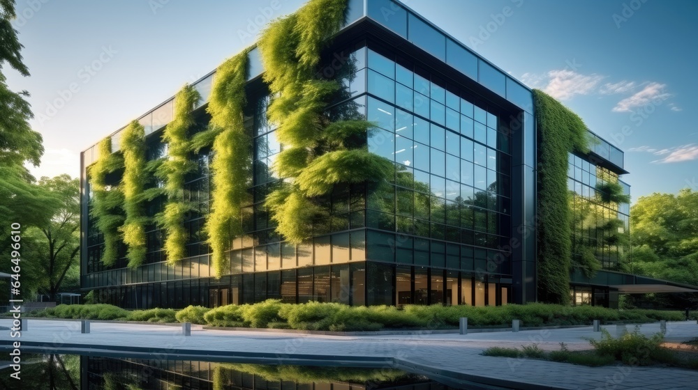 Sustainable glass office building with tree for reducing carbon dioxide, Office building with green 