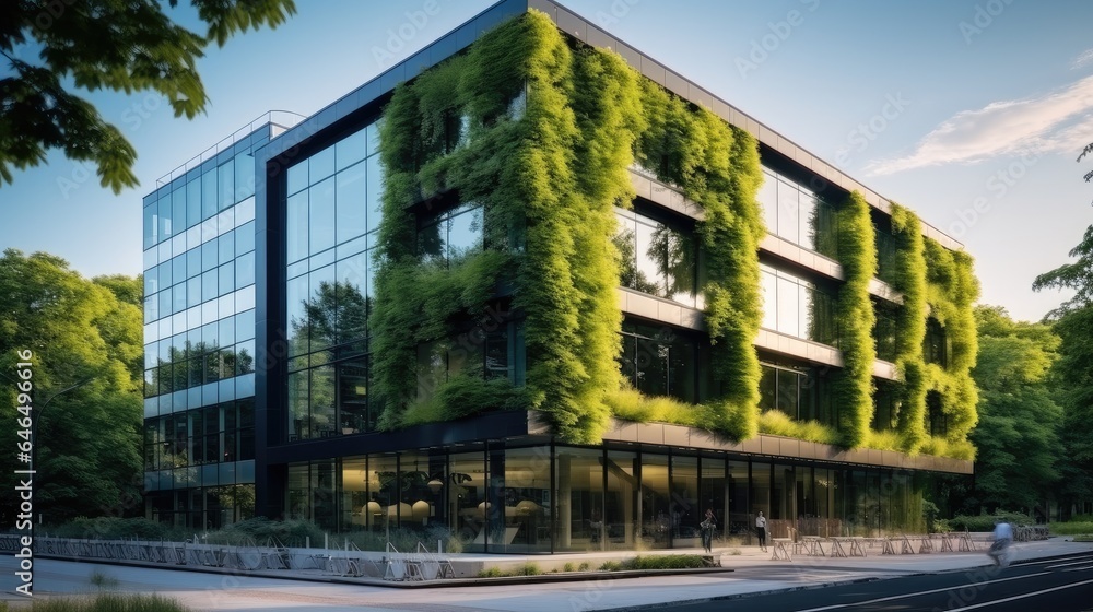 Sustainable glass office building with tree for reducing carbon dioxide, Office building with green 