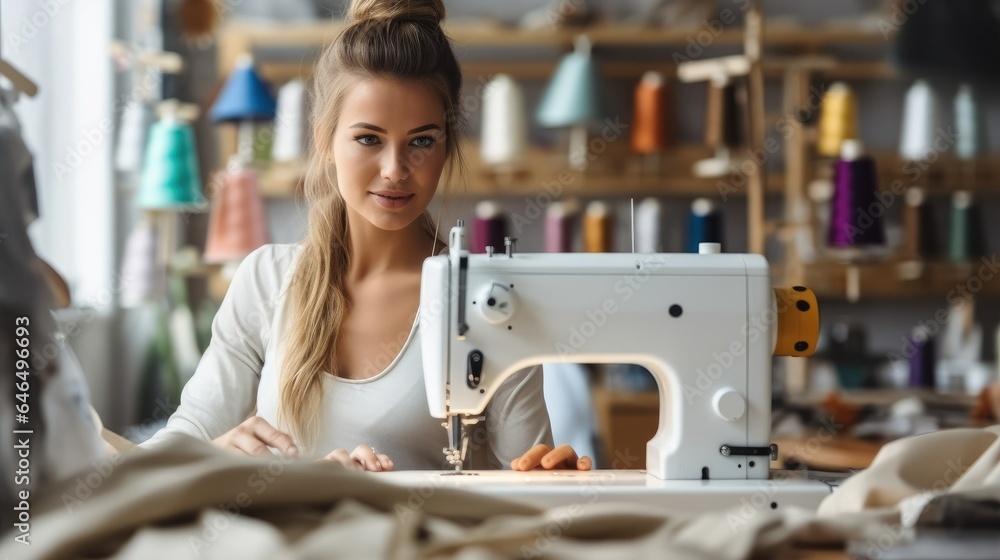 Beautiful female design using sewing machine in workshop.