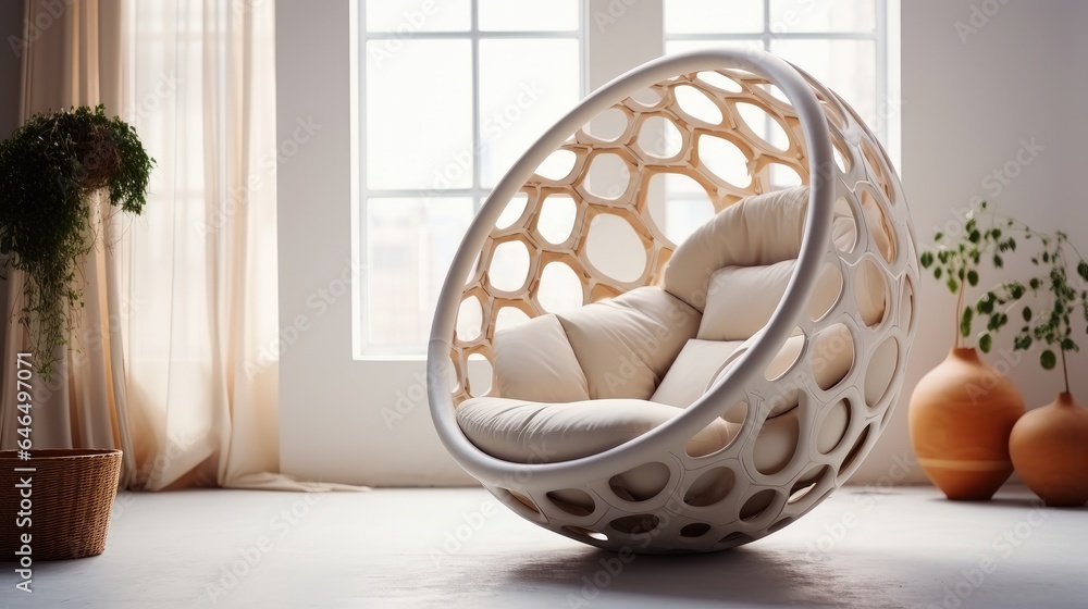 Futuristic chair cocoon in a living room at modern house.