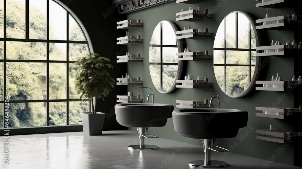 Modern barbershop with armchairs and table with mirrors.