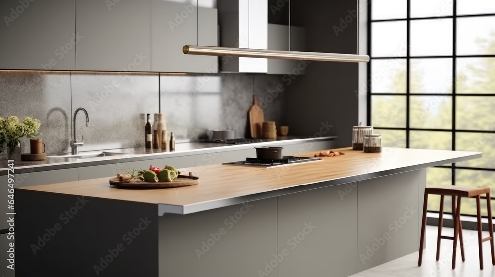 Kitchen interior with bar countertop and cooking zone in modern house.