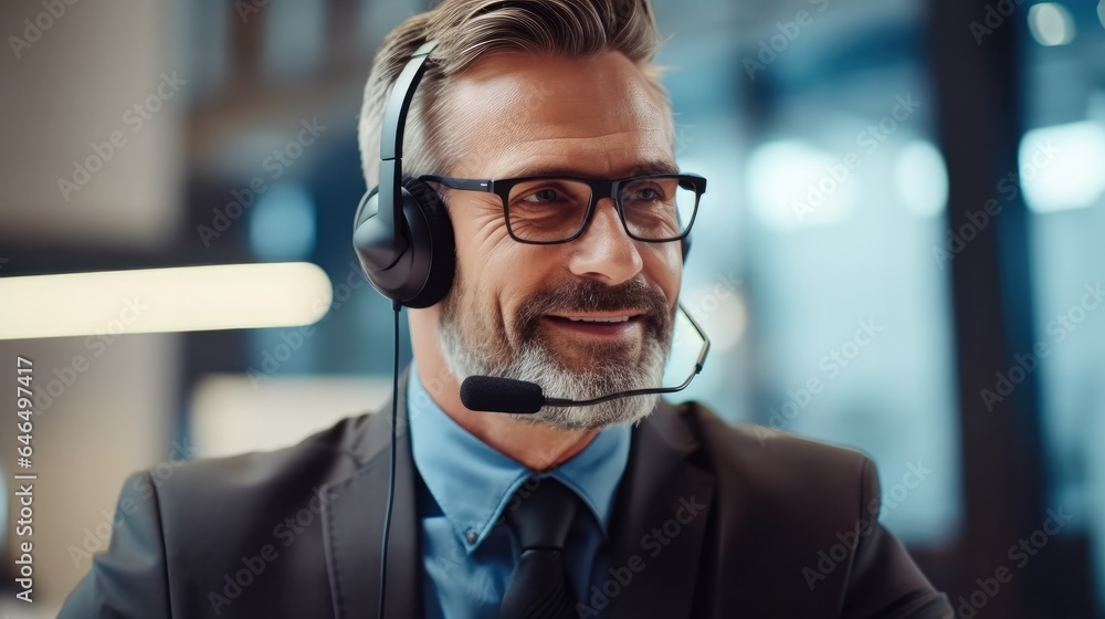 Call center man with headphones in customer service, support or telemarketing at office, Consultant 