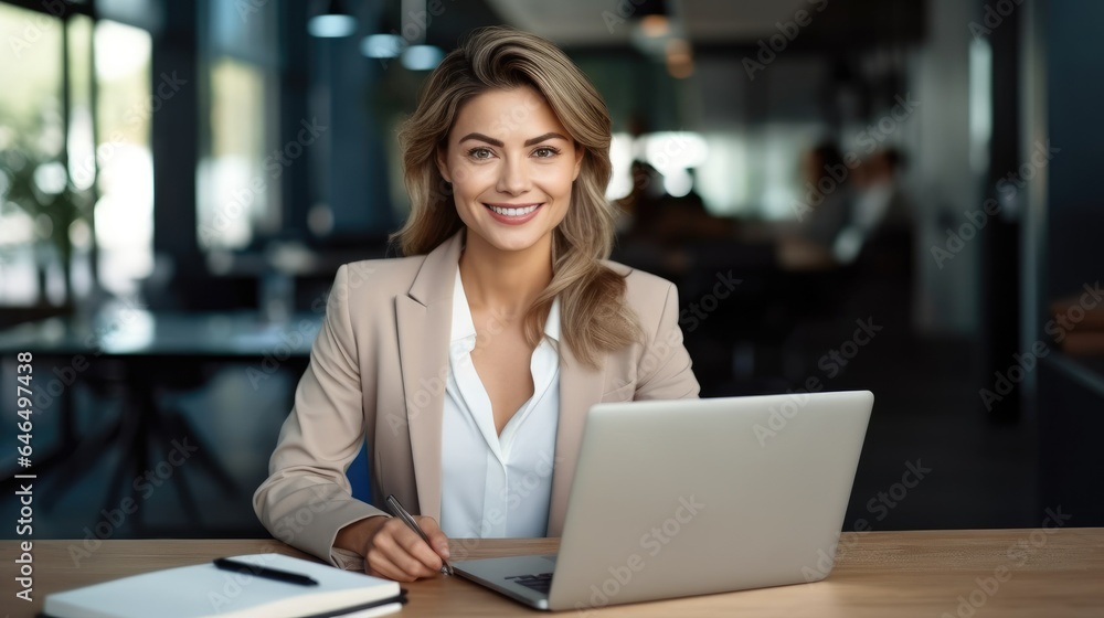 Happy business woman are working on laptop computer at desk in office sitting.