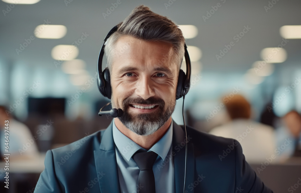 Call center man with headphones in customer service, support or telemarketing at office, Consultant 