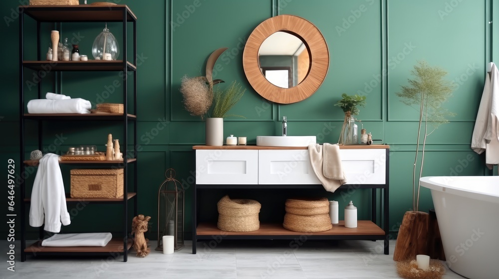 Comfortable and tidy toilet toiletries, sink, mirror and table, Interior of bathroom in modern house