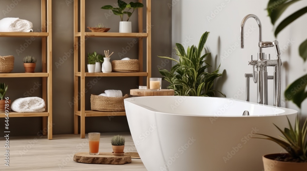 Interior of bathroom with bathtub with houseplants and wooden shelving units.